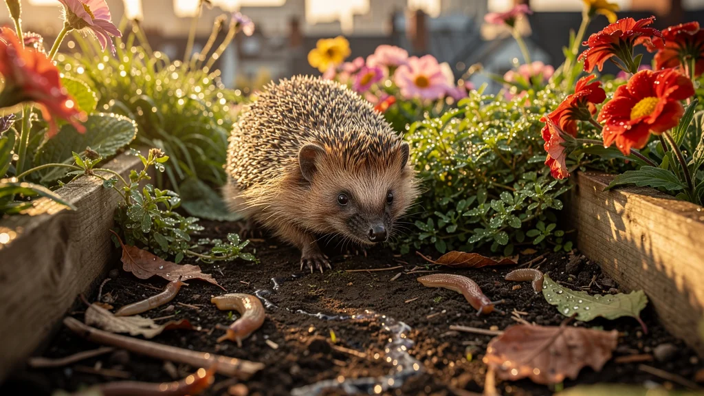 Hérisson naturel contrôlant les limaces dans un petit jardin urbain ensoleillé, solution écologique efficace