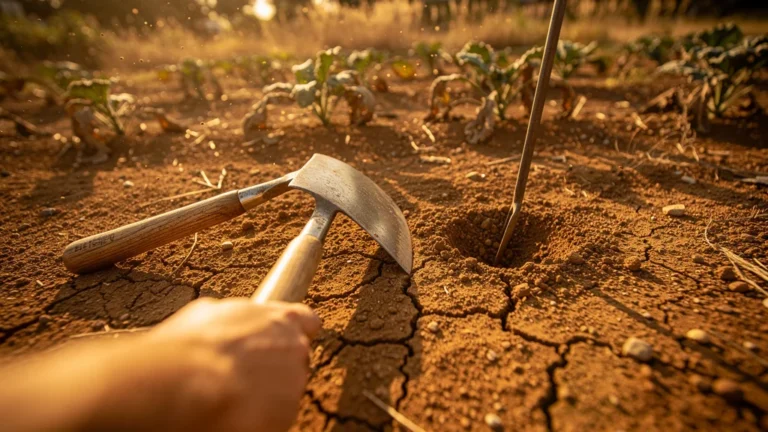 Binette oscillante et sarcloir à main sur potager sec, outils essentiels pour désherber efficacement