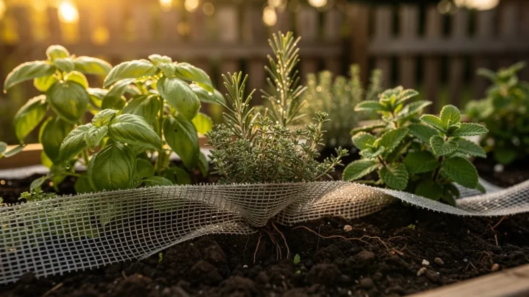 Toile tissée posée sous des plantes aromatiques luxuriantes dans un jardin en lumière dorée