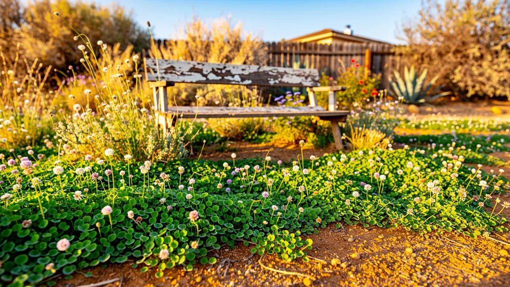 Champ fleuri de trèfle nain Dichondra pour pelouse en climat sec, jardin naturel et verdoyant