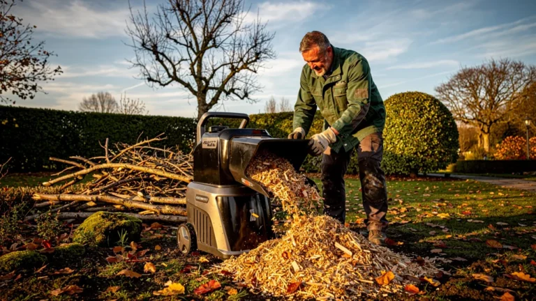 Test d’un broyeur électrique sur tailles d’automne avec rendu réel du bois broyé dans un jardin lumineux