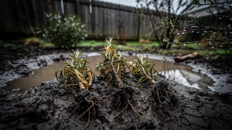 Romarin planté en sol lourd avec racines noyées et six pieds de romarin perdus dans la boue