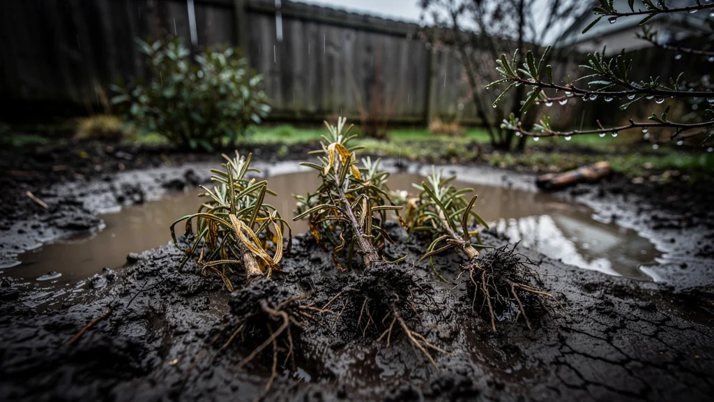 Romarin planté en sol lourd avec racines noyées et six pieds de romarin perdus dans la boue