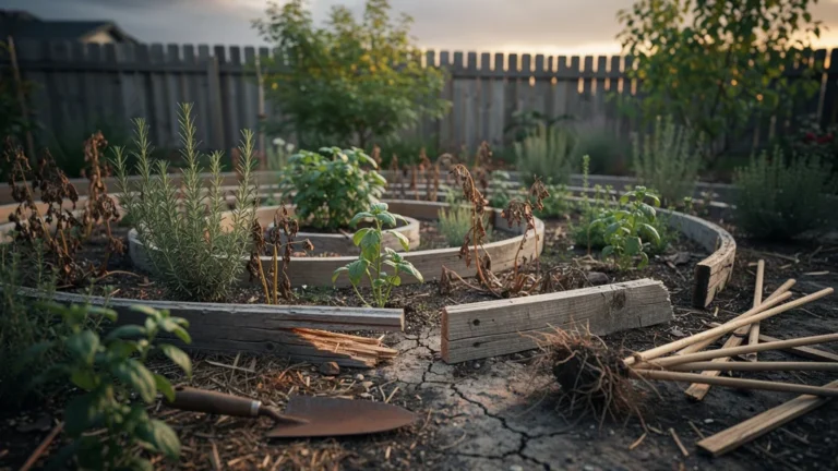 Spirale aromatique mal orientée démontée après un été décevant avec plantes fanées et sol sec