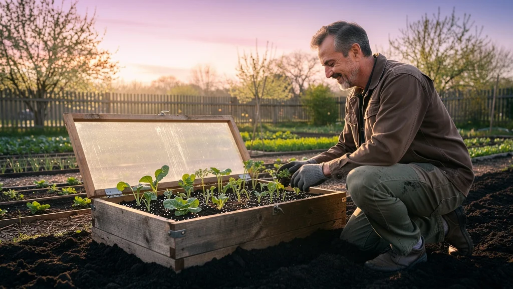 Jardin potager avec châssis de semis monté, gagnant trois semaines de croissance au printemps