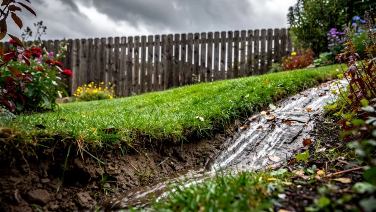 Jardin avec noue trop peu creusée, eau de pluie s’écoulant en bas du jardin après la pluie