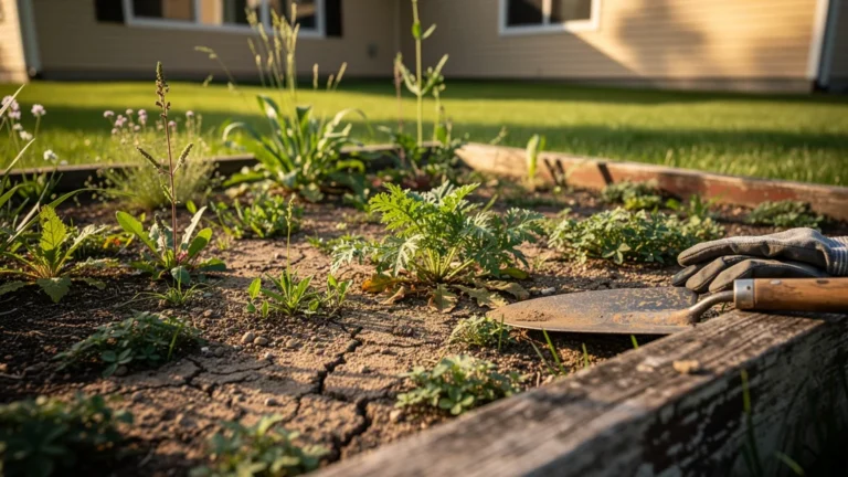 Couvre-sol planté trop espacé avec mauvaises herbes après deux ans de désherbage évitable