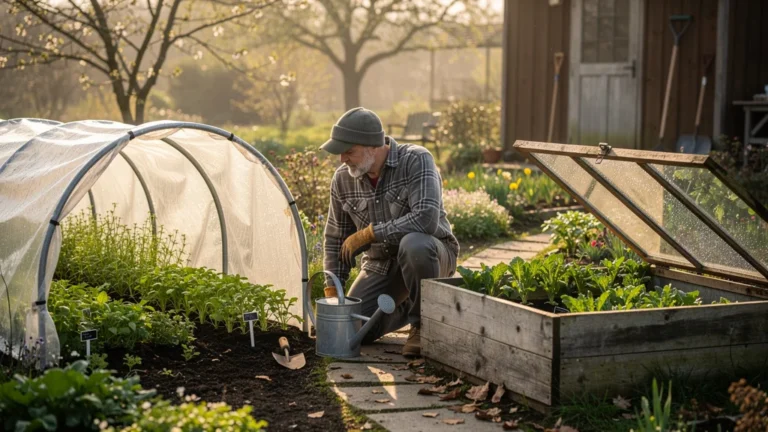 Serre tunnel et châssis froid pour avancer les semis dans un jardin au printemps, choix de jardinier après deux ans