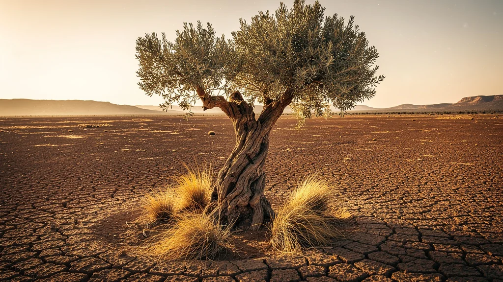Arbre résistant à la sécheresse dans un paysage aride avec sol fissuré et lumière dorée