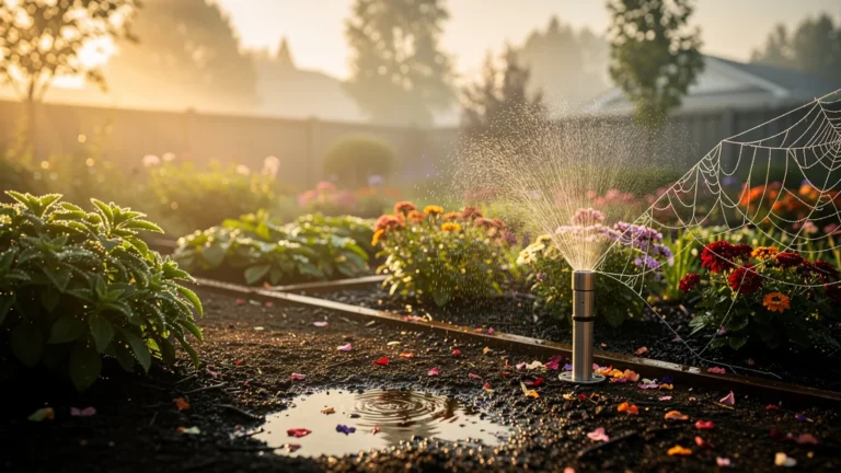 Jardin arrosé au matin quand les nuits ne rafraîchissent plus, ambiance fraîche et lumière dorée