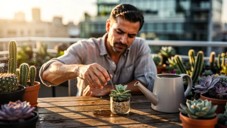 Homme arrosant une plante grasse sur un balcon urbain en lumière naturelle dorée