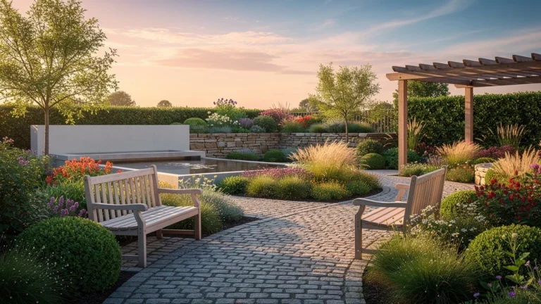 Aménagement paysager Berthault Tours 2024, jardin luxuriant et chemin pavé sous lumière dorée