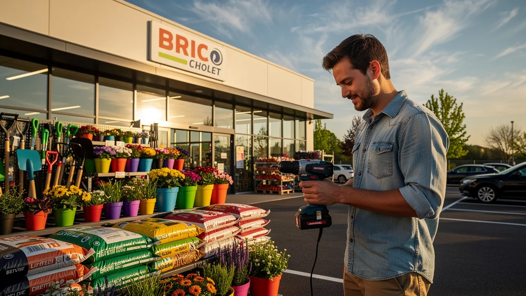 Façade lumineuse de Brico Cholet avec homme de 30 ans découvrant un outil de jardinage en extérieur