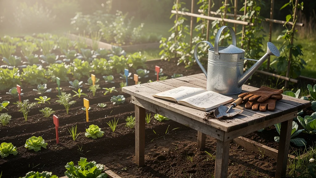 Calendrier semis potager avec rangées de légumes en croissance et accessoires de jardinage au printemps