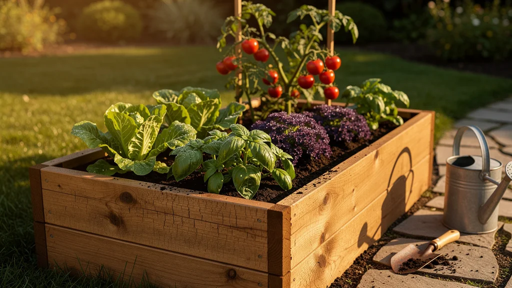 Carré potager bois après 6 mois, légumes mûrs et bois naturel usé en plein air