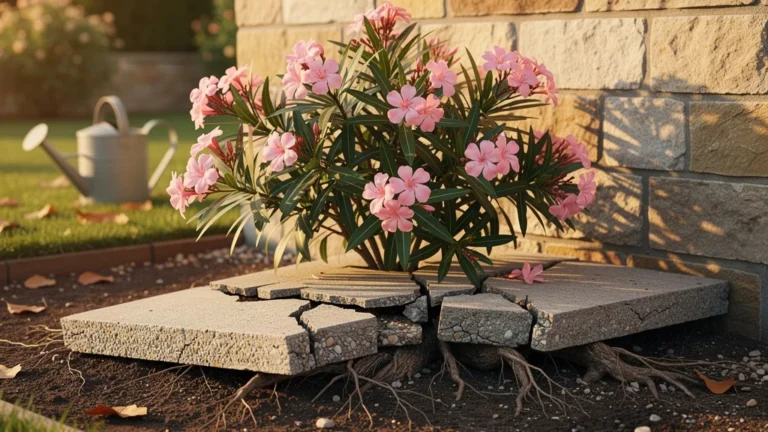 Laurier-rose planté trop près d’un mur, ses racines soulevant une dalle béton fissurée