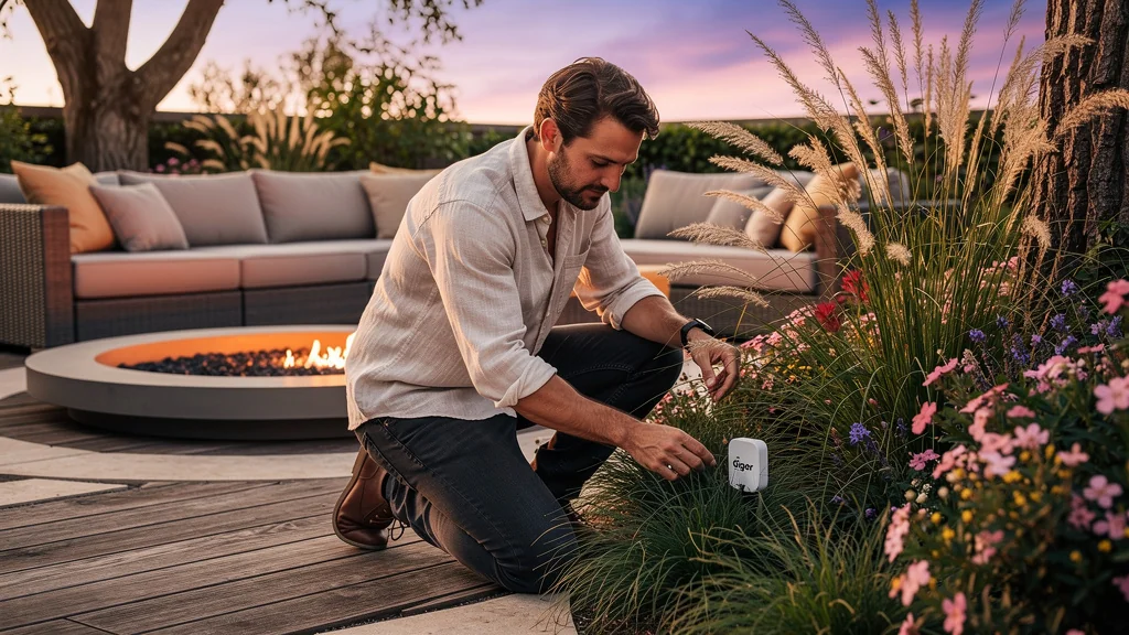 Espace extérieur moderne aménagé avec technologie Ciger, ambiance chaleureuse et naturelle au coucher du soleil