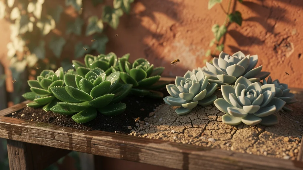 Comparaison réaliste de deux fréquences d'arrosage sur des succulentes d'extérieur en plein air