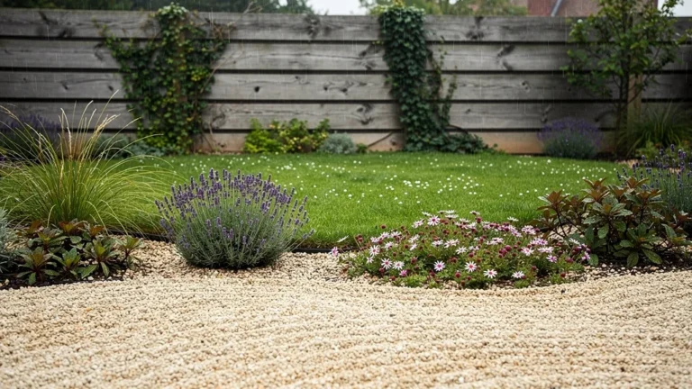 Jardin durable avec gravier et vivaces, transition sans tonte visible entre pelouse et aménagement paysager