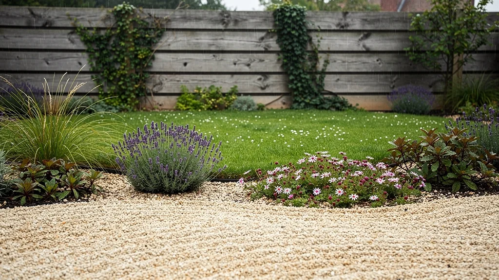Jardin durable avec gravier et vivaces, transition sans tonte visible entre pelouse et aménagement paysager