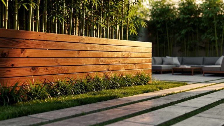Aménagement extérieur combinant éléments horizontaux et verticaux dans un jardin moderne lumineux