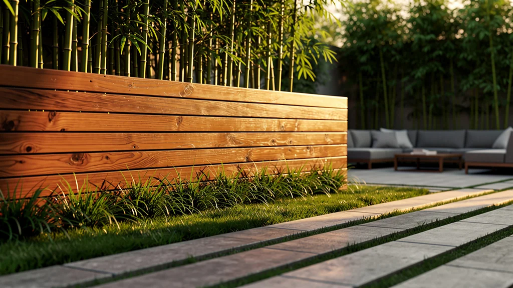 Aménagement extérieur combinant éléments horizontaux et verticaux dans un jardin moderne lumineux