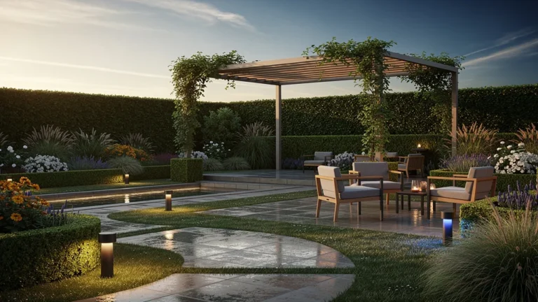Jardin extérieur moderne éclairé par Hue Socoda, lumière intelligente et ambiance chaleureuse au crépuscule