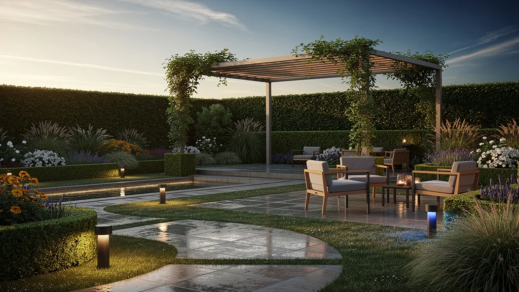 Jardin extérieur moderne éclairé par Hue Socoda, lumière intelligente et ambiance chaleureuse au crépuscule