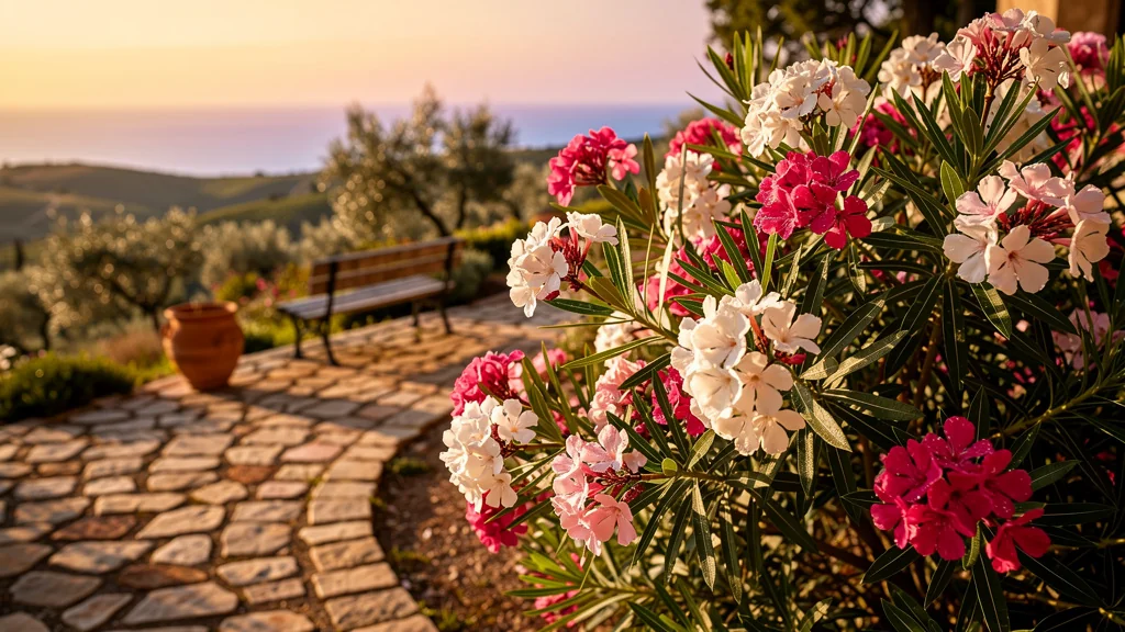 Jardin méditerranéen avec laurier rose en fleurs, ambiance lumineuse et décor naturel détaillé