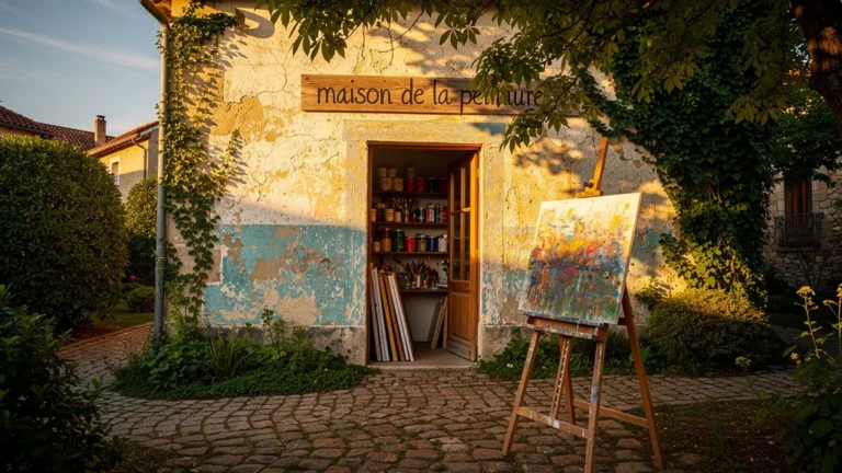 Façade détaillée d'une maison de la peinture rustique sous lumière dorée, ambiance calme et textures riches