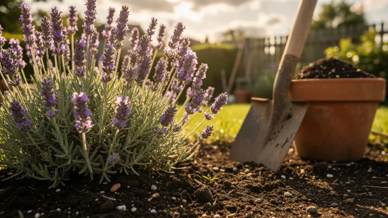 Lavandes en pleine floraison après deux ans, sol riche et lumière douce de fin d'après-midi