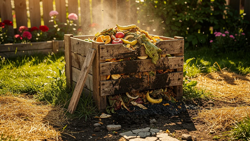 Composteur en plein été dégageant une odeur nauséabonde, détails réalistes du compost en décomposition