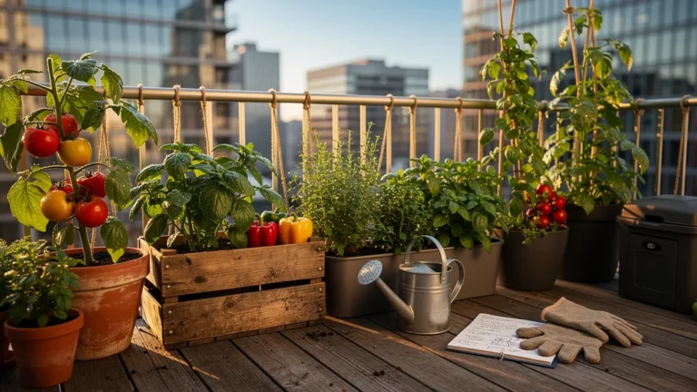 Potager pour balcon luxuriant et détaillé avec légumes mûrs et ambiance urbaine en lumière naturelle