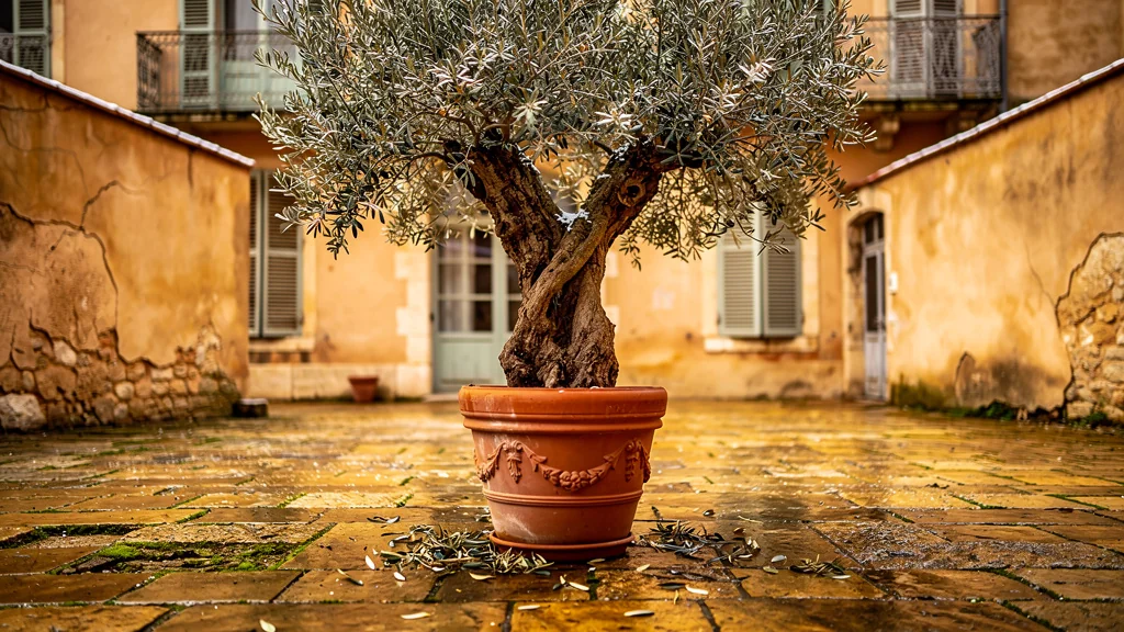 Olivier en pot dans une cour de Montpellier en hiver, lumière douce et ambiance méditerranéenne